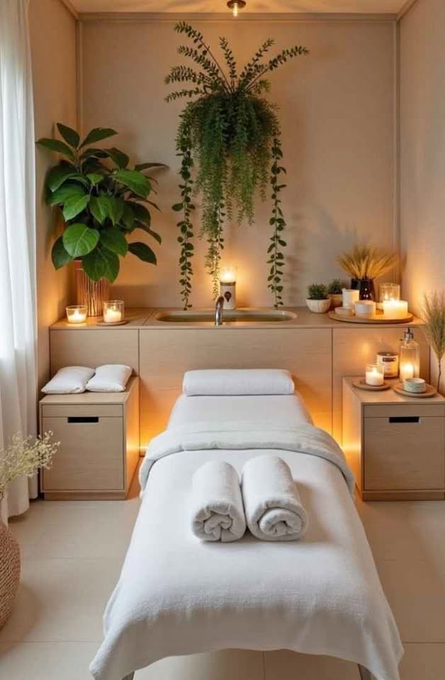 Massage room with warm candlelight, plants, and folded towels